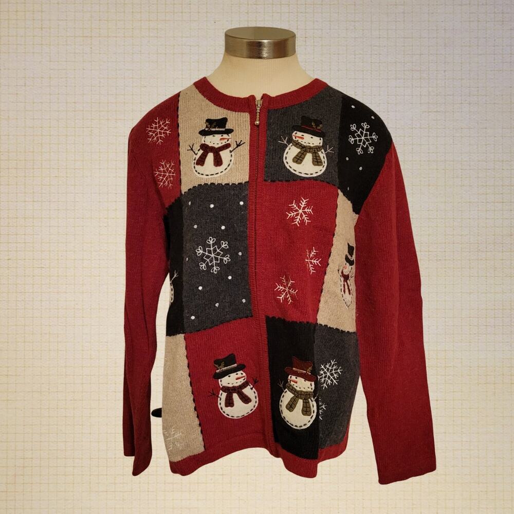 Cottagecore Patchwork Snowman Embroidered Zip Up Cardigan Sweater Large Ramie-Wo